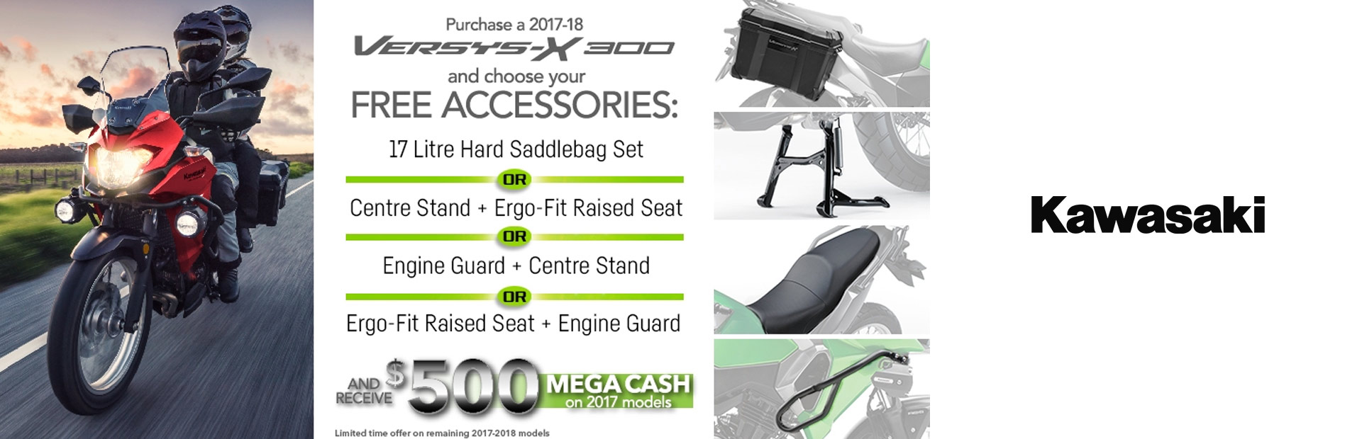 Kawasaki: Versys-X 300 Accessory AND 500 Megacash Promotion